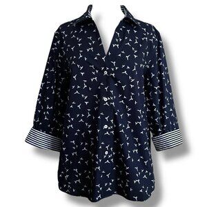 Foxcroft Womens Blouse XL Navy Blue White Easy Care Bird Print Button Up Shirt